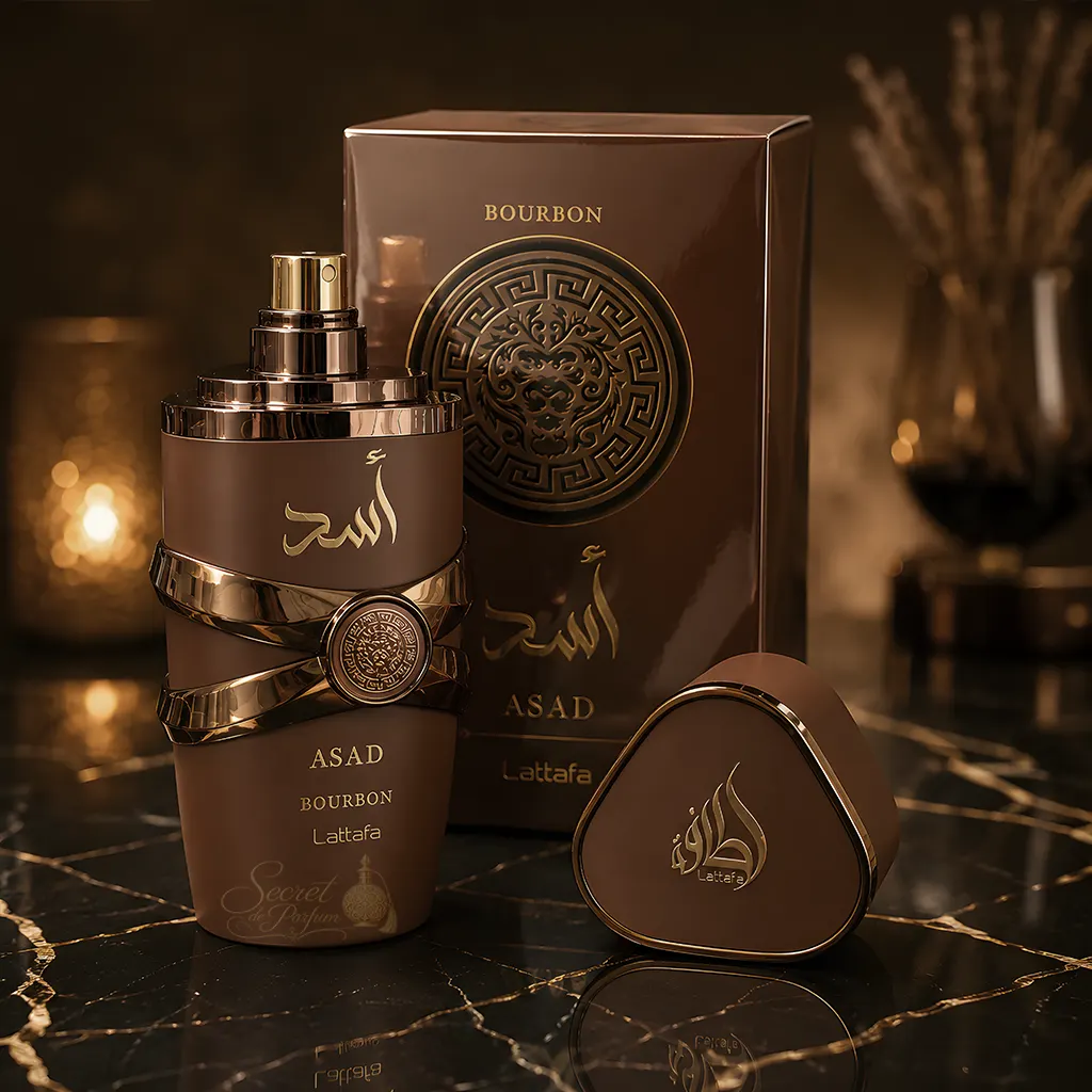 Asad Bourbon – Eau de Parfum Oriental Épicé & Vanillé Mixte – Lattafa 3 Flacon ouvert Asad Bourbon Lattafa accompagné de sa boîte officielle, parfum Dubaï homme aux accords épicés, boisés, gourmands et vanillés.