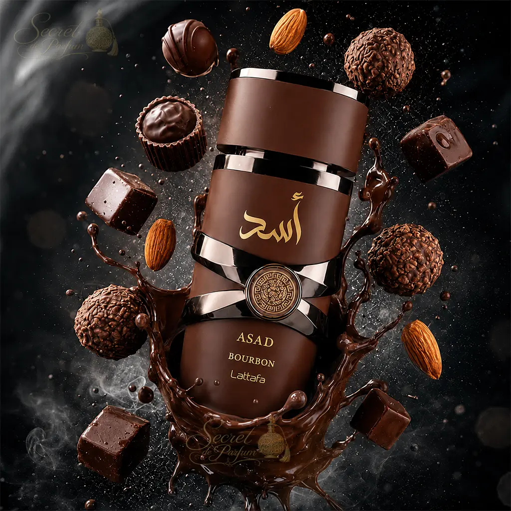 Asad Bourbon – Eau de Parfum Oriental Épicé & Vanillé Mixte – Lattafa 4 Parfum Asad Bourbon Lattafa mis en scène avec chocolat noir, cacao et amandes, illustrant sa fragrance orientale gourmande aux notes de cacao, vanille bourbon, ambre et vétiver.