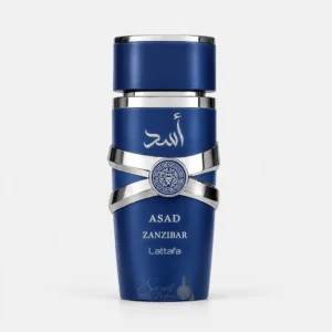 Flacon officiel Asad Zanzibar Lattafa 100 ml sur fond clair, parfum homme aux accords marins, épicés, boisés et ambrés avec eau de coco, iris, vanille et encens.