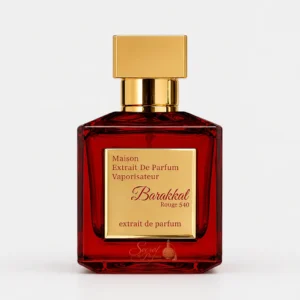 Flacon officiel Barakkat Rouge 540 Extrait Maison Alhambra Extrait de Parfum sur fond clair, parfum Dubaï mixte aux accords ambrés, floraux et boisés avec safran, jasmin, ambre gris et bois de cèdre.