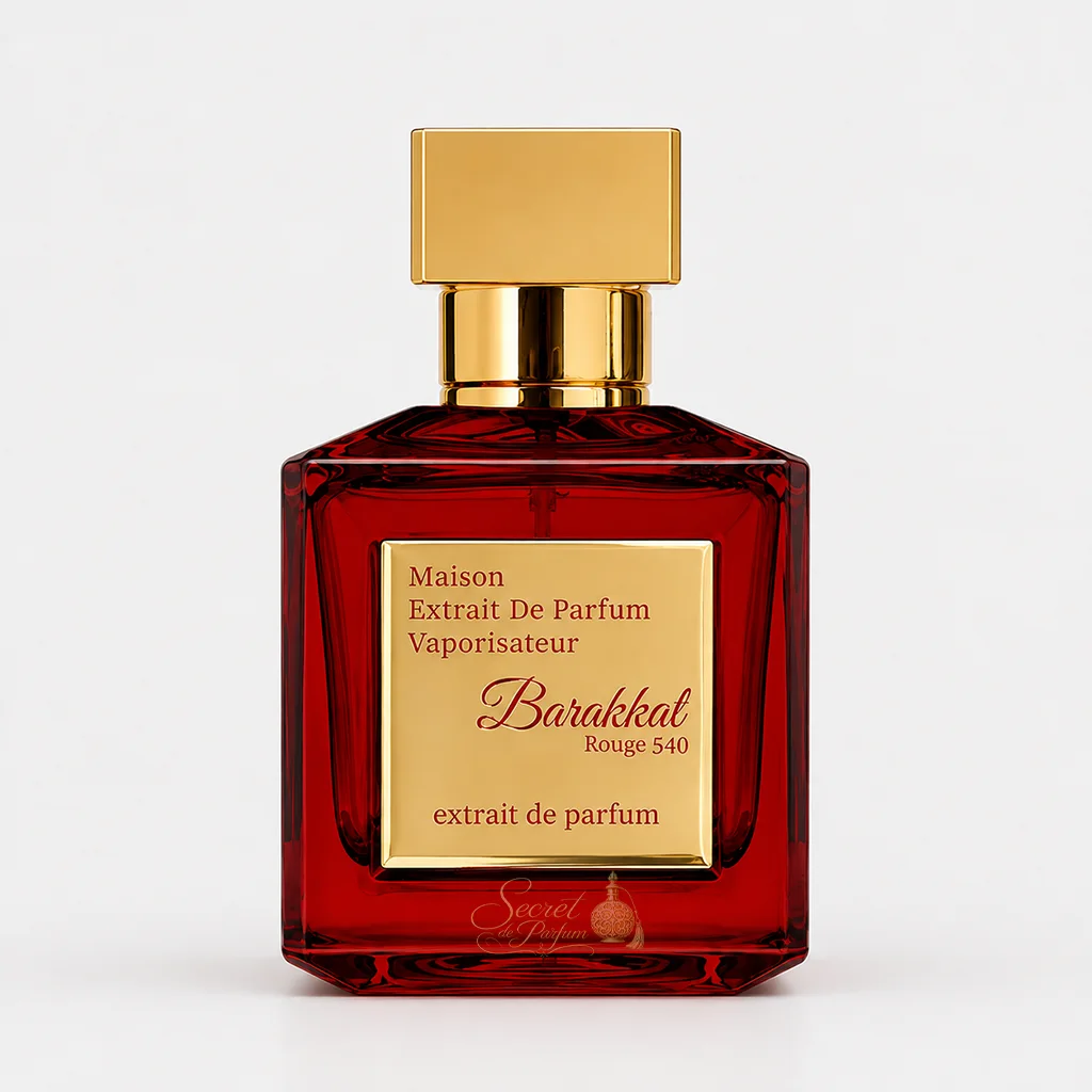 Barakkat Rouge 540 – Extrait de Parfum Oriental 1 Flacon officiel Barakkat Rouge 540 Extrait Maison Alhambra Extrait de Parfum sur fond clair, parfum Dubaï mixte aux accords ambrés, floraux et boisés avec safran, jasmin, ambre gris et bois de cèdre.