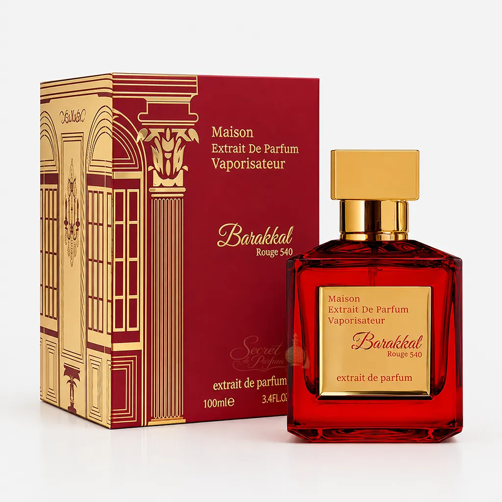 Barakkat Rouge 540 – Extrait de Parfum Oriental 5 Boîte officielle et flacon Barakkat Rouge 540 Extrait Maison Alhambra Extrait de Parfum Mixte, parfum Dubaï aux accords ambrés, floraux et boisés avec safran, jasmin, ambre gris et bois de cèdre.