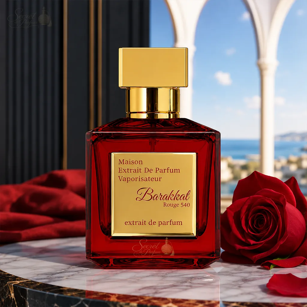 Barakkat Rouge 540 – Extrait de Parfum Oriental 4 Parfum Barakkat Rouge 540 Extrait Maison Alhambra mis en scène avec safran, rose rouge, bois précieux et résines, illustrant une fragrance ambrée florale boisée, intense et raffinée.