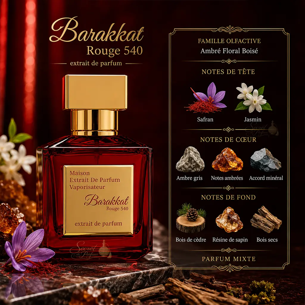 Barakkat Rouge 540 – Extrait de Parfum Oriental 2 Présentation des notes olfactives du parfum Barakkat Rouge 540 Extrait Maison Alhambra avec safran, jasmin, ambre gris, accord minéral, bois de cèdre, résine de sapin et bois secs, famille ambrée florale boisée.