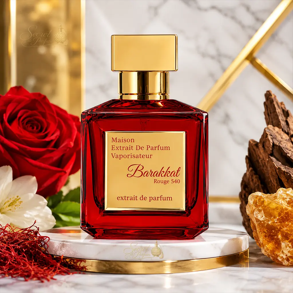Barakkat Rouge 540 – Extrait de Parfum Oriental 3 Barakkat Rouge 540 Extrait Maison Alhambra présenté dans un décor élégant avec roses rouges et vue panoramique, parfum mixte aux notes de safran, jasmin, ambre gris, résine de sapin et bois secs.