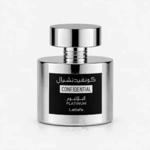 Flacon officiel Confidential Platinum Lattafa 100 ml sur fond clair, parfum homme aux accords boisés, aromatiques, musqués et épicés avec bergamote, pamplemousse, lavande, cèdre et vétiver.