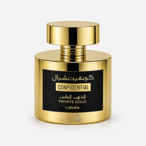 Flacon officiel Confidential Private Gold Lattafa 100 ml sur fond clair, parfum mixte fruité musqué aux notes de pêche, poire, mandarine, jasmin, rose, vanille, musc et ambre.