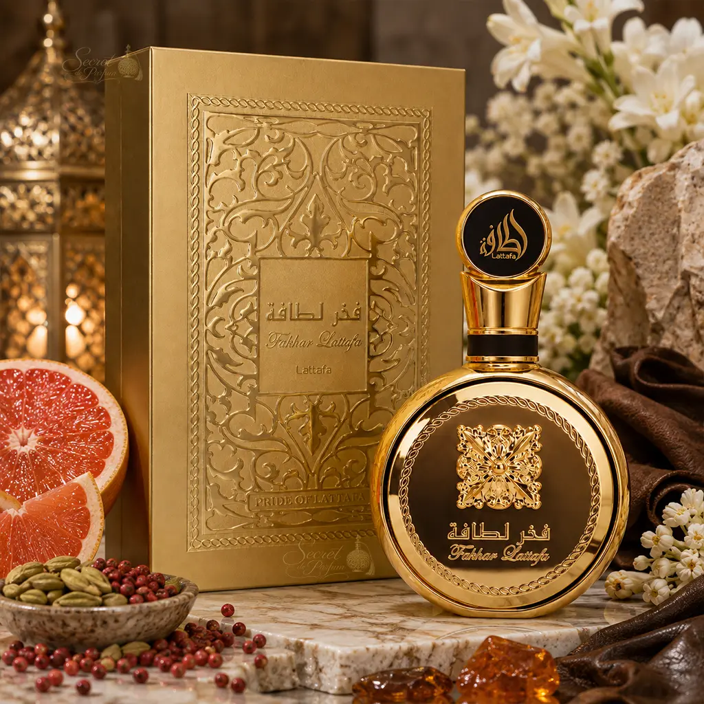 Fakhar Extrait – Parfum Homme Oriental Ambré & Boisé 3 Fakhar Extrait Lattafa avec boîte dorée, pamplemousse, épices et cuir