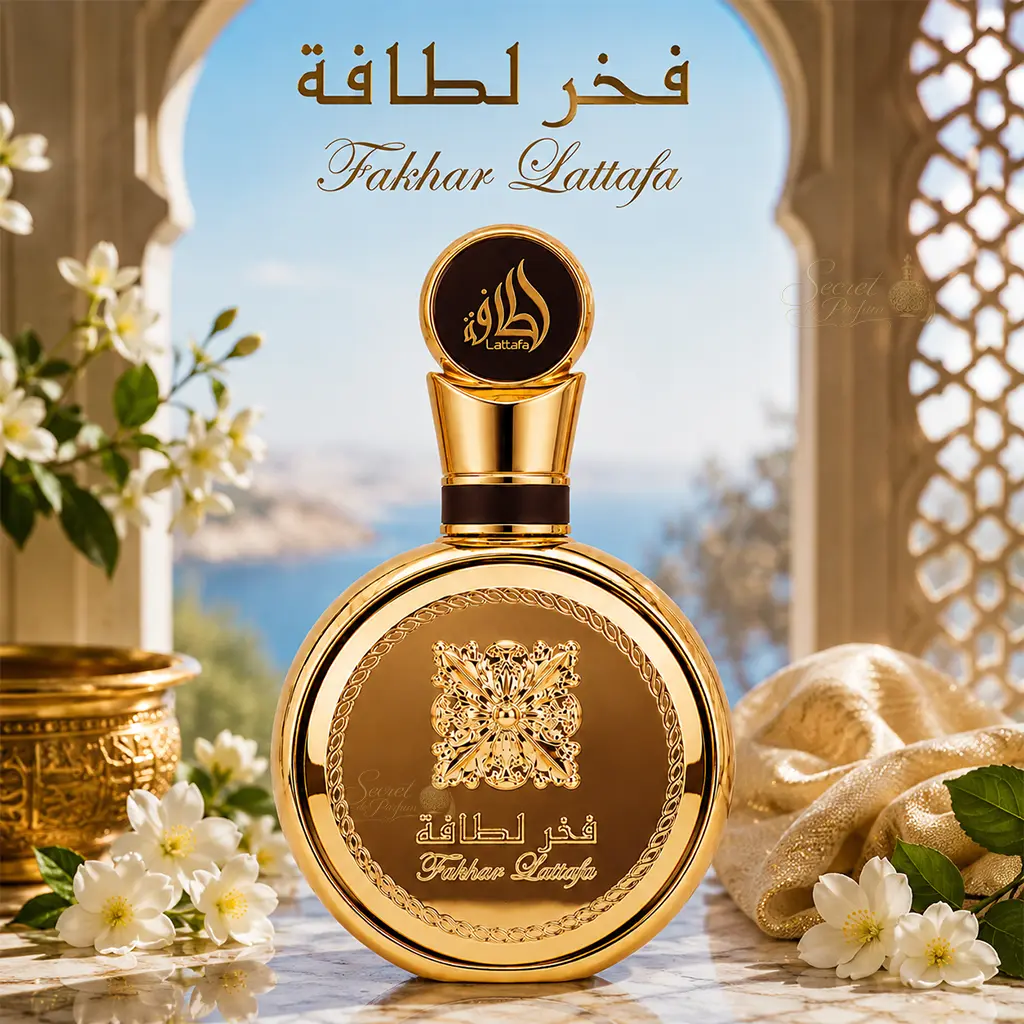 Fakhar Extrait – Parfum Homme Oriental Ambré & Boisé 4 Fakhar Extrait Lattafa dans un décor oriental élégant avec fleurs blanches