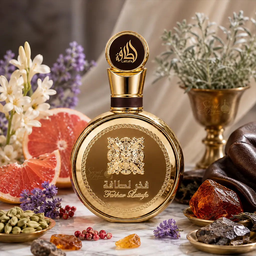 Fakhar Extrait – Parfum Homme Oriental Ambré & Boisé 5 Fakhar Extrait Lattafa entouré de pamplemousse, cardamome, fleurs, ambre et cuir