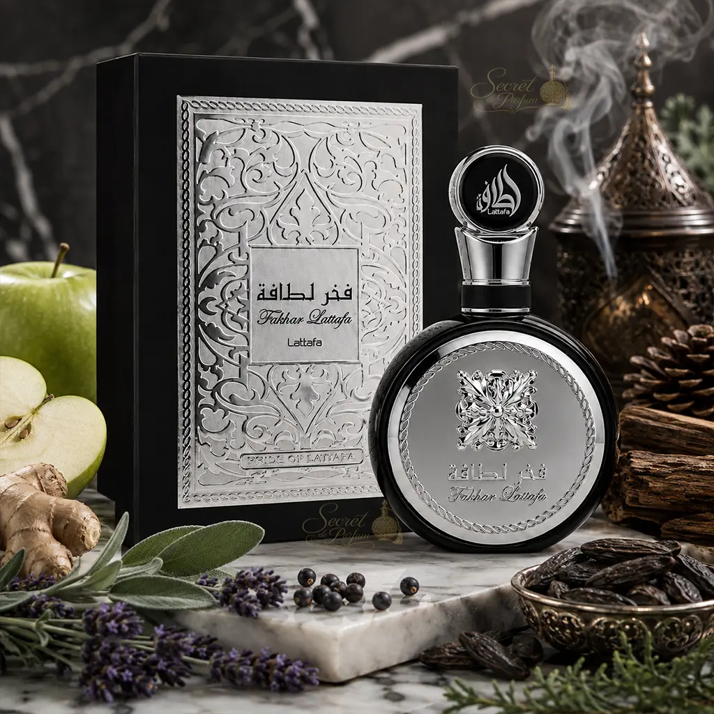 Fakhar Silver Lattafa – Parfum Homme Aromatique Boisé 3 Fakhar Silver Lattafa avec boîte noire et argentée et flacon