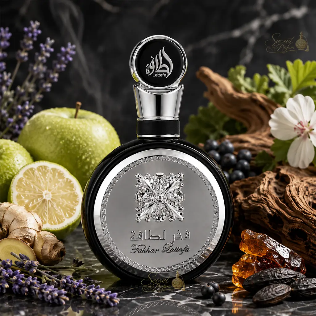 Fakhar Silver Lattafa – Parfum Homme Aromatique Boisé 5 Fakhar Silver Lattafa avec pomme, bergamote, gingembre, lavande et notes boisées