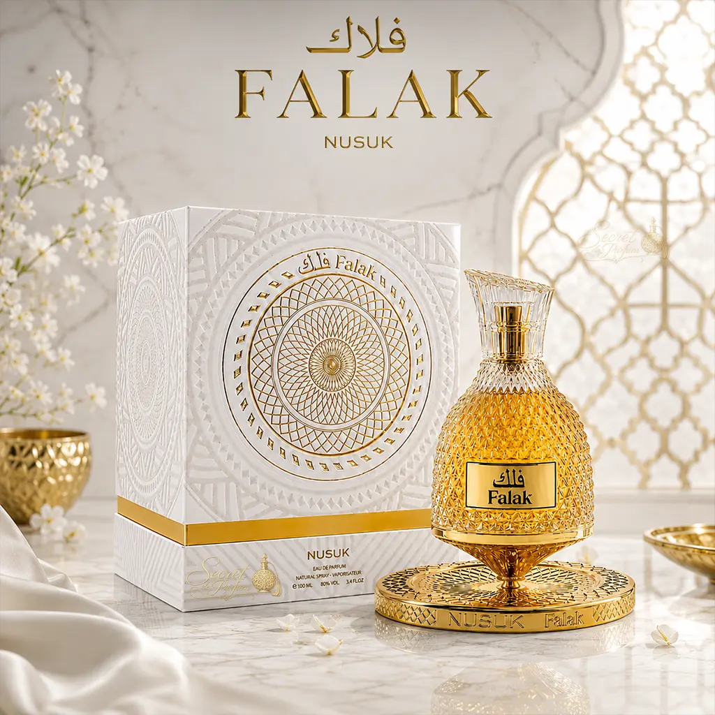 Falak Nusuk – Eau de Parfum Mixte Gourmande 100 ml 3 Falak Nusuk parfum mixte gourmand vanille caramel avec flacon et boîte