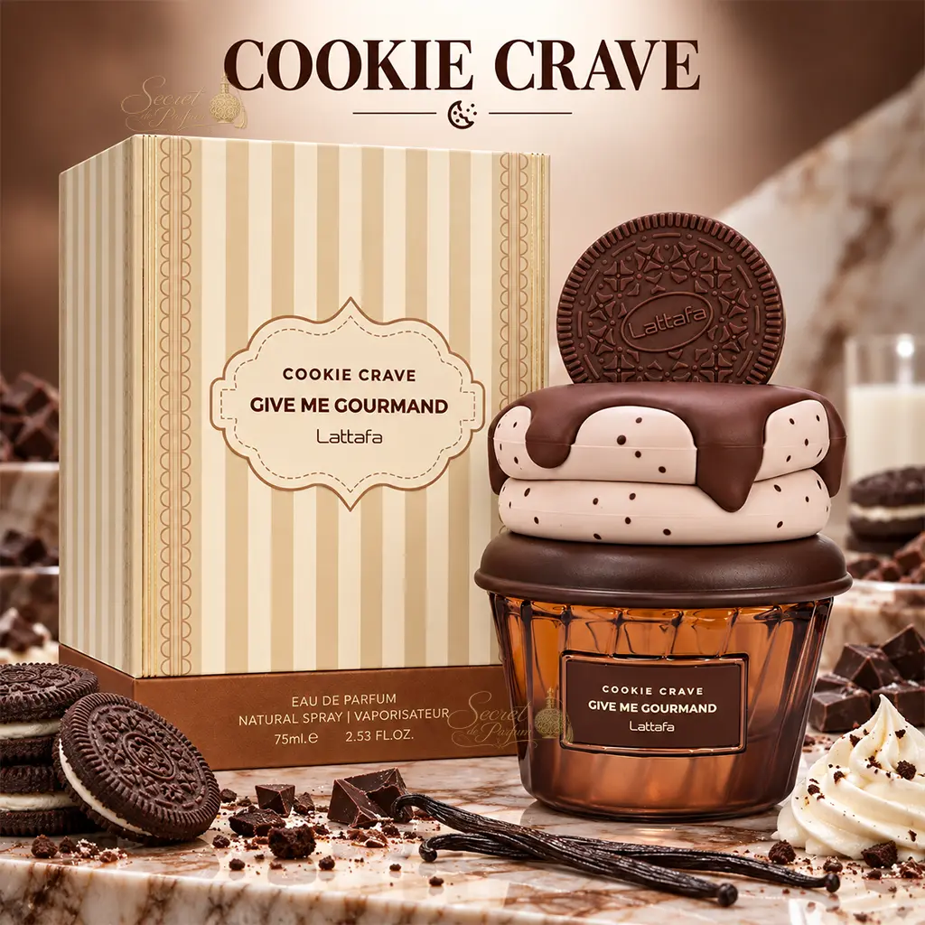 Cookie Crave – Give Me Gourmand Lattafa | Parfum Gourmand Vanillé & Chocolaté 3 Cookie Crave Give Me Gourmand Lattafa avec flacon et boîte 75 ml