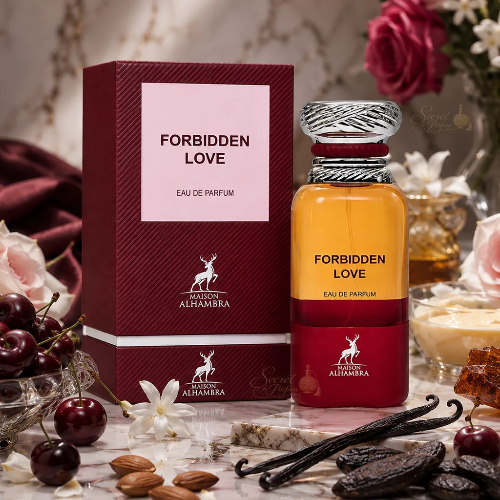 Forbidden Love Maison Alhambra – Eau de Parfum Mixte Gourmande 3 Forbidden Love Maison Alhambra avec boîte, cerises, vanille et fève tonka