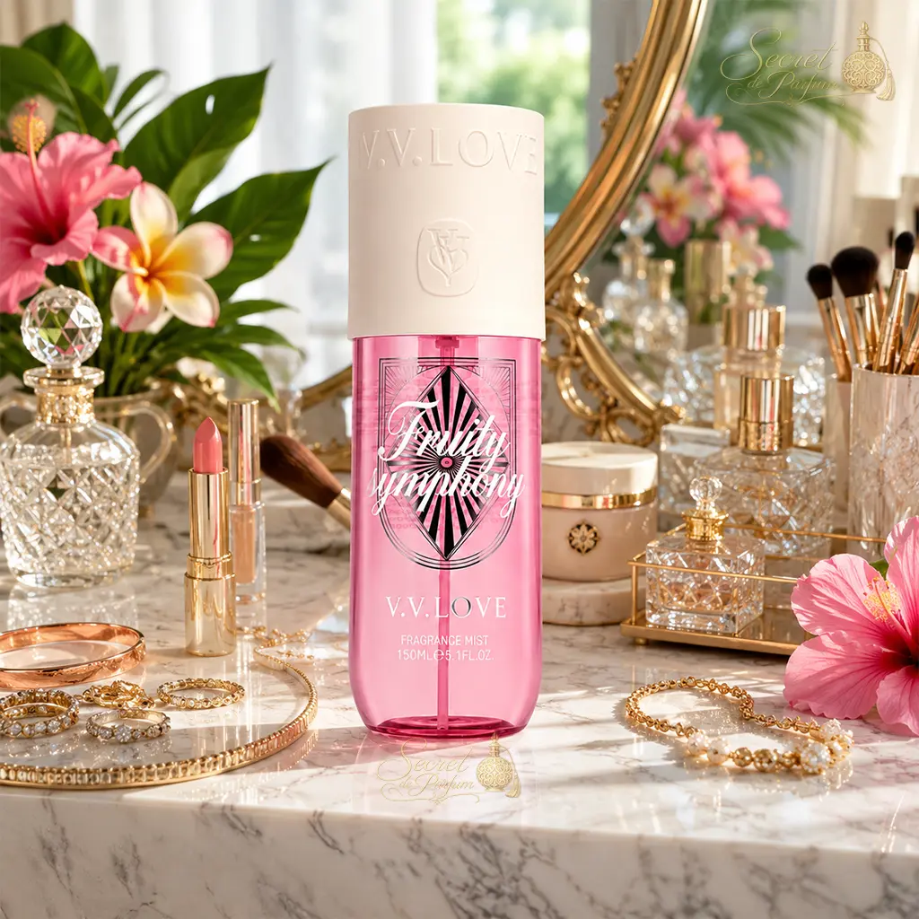 Fruity Symphony – Brume Parfumée Fruitée Fraîche 150ml 2 Brume parfumée Fruity Symphony V.V. Love dans un univers beauté féminin avec senteur fruitée florale et exotique