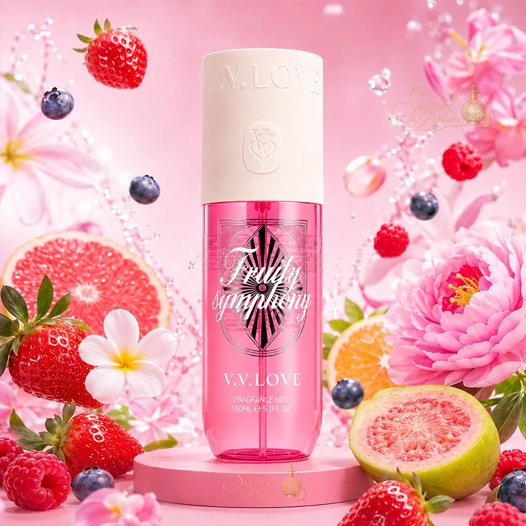 Fruity Symphony – Brume Parfumée Fruitée Fraîche 150ml 4 Brume parfumée Fruity Symphony V.V. Love entourée de goyave, fraises, agrumes, fleurs exotiques et fruits rouges chez Secret de Parfum
