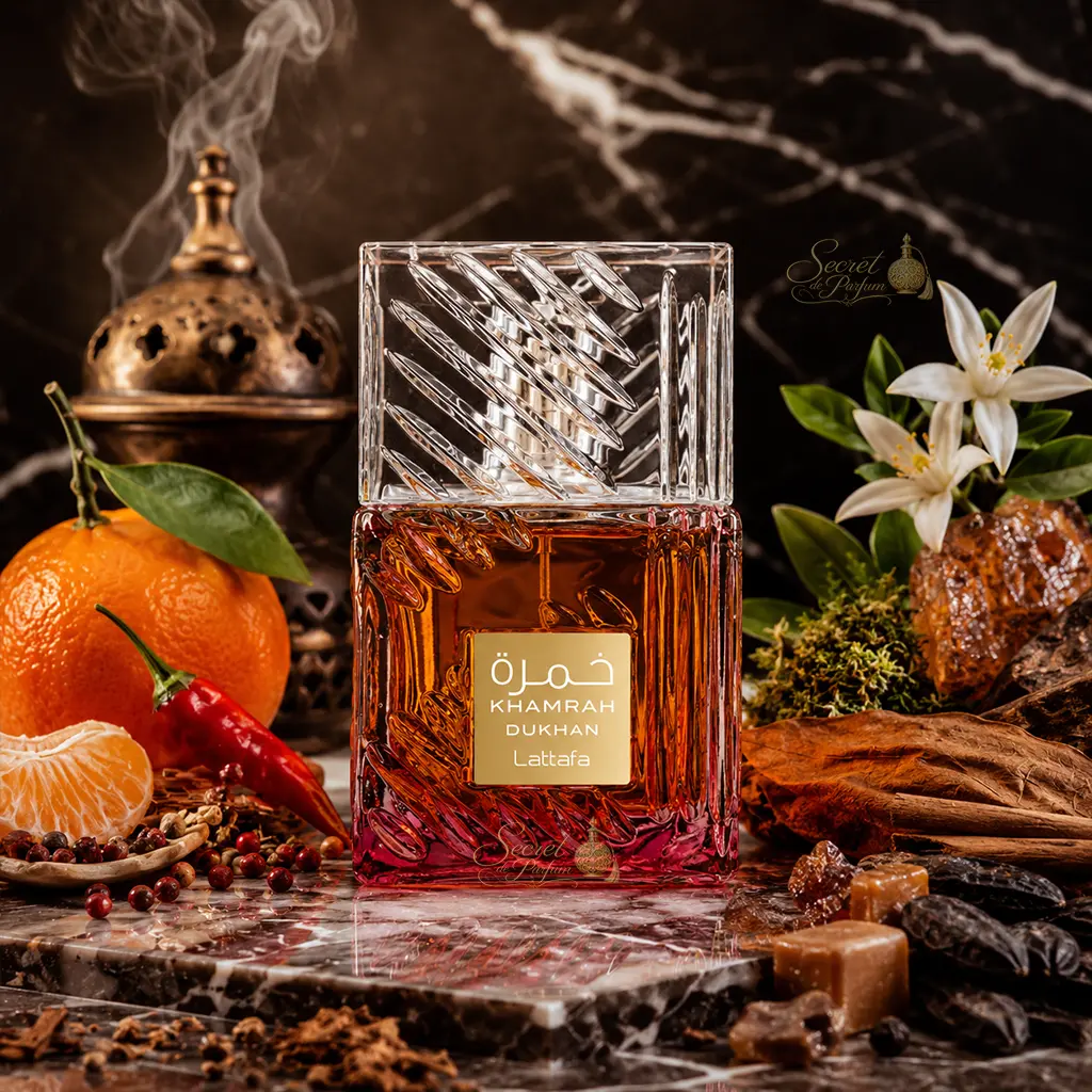 Khamrah Dukhan Lattafa – Extrait de Parfum Mixte 100 ml 4 Khamrah Dukhan Lattafa parfum oriental aux notes de mandarine tabac épices et praliné