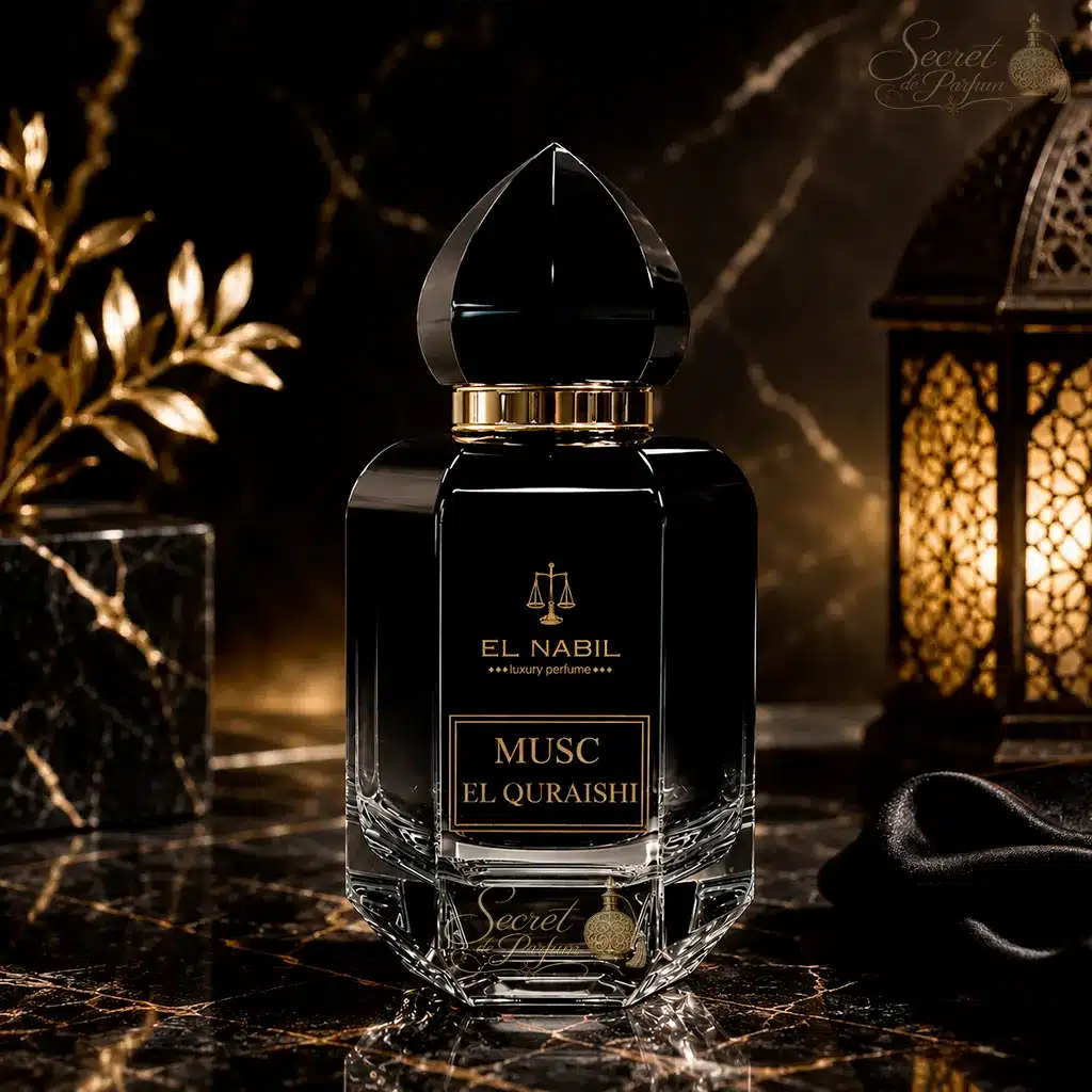 Musc El Quraishi – Eau de Parfum Mixte 65 ml | El Nabil 4 Parfum Musc El Body d'El Nabil dans une ambiance élégante aux fleurs blanches.
