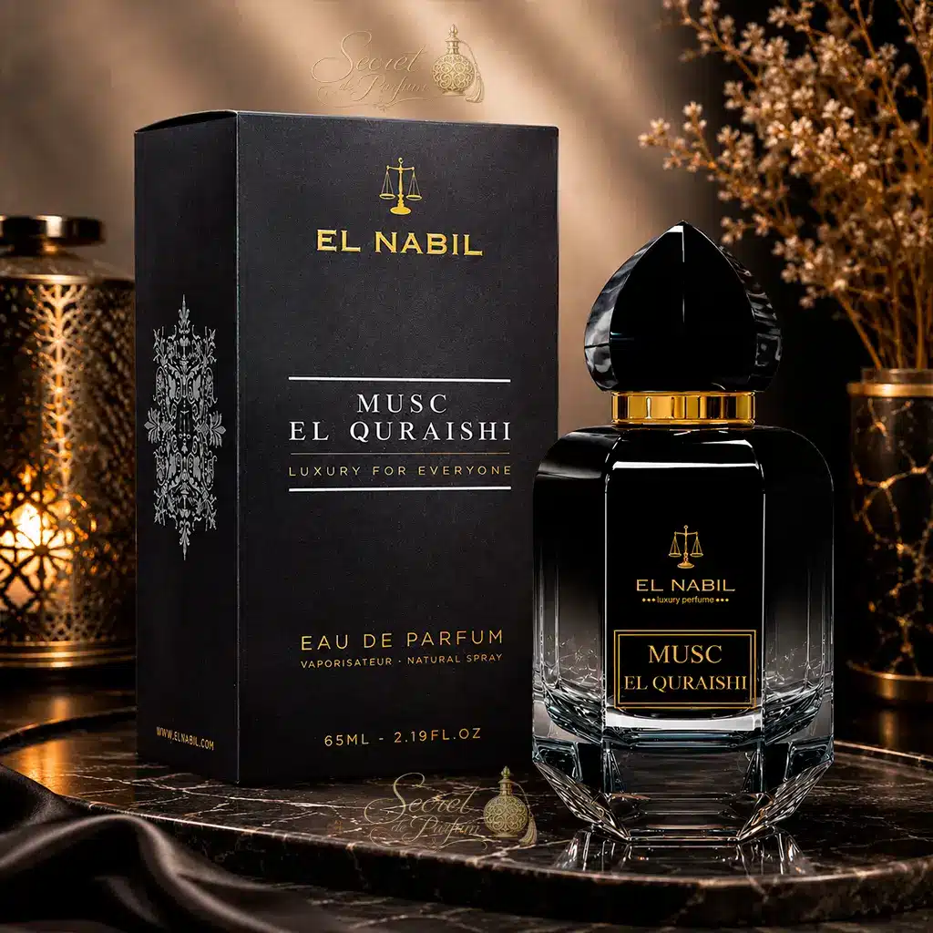 Musc El Quraishi – Eau de Parfum Mixte 65 ml | El Nabil 3 Flacon et coffret du parfum Musc El Body d'El Nabil dans une mise en scène élégante.