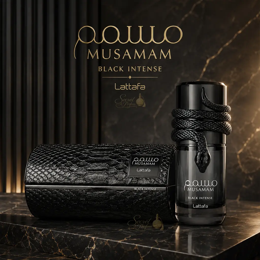 Musamam Black Intense Lattafa – Parfum Homme Boisé Aromatique 3 Parfum Musamam Black Intense Lattafa avec flacon et coffret noir
