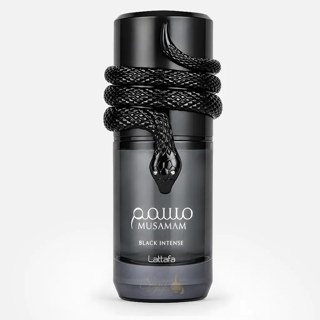 Musamam Black Intense Lattafa – Parfum Homme Boisé Aromatique 1 Flacon Musamam Black Intense Lattafa noir avec serpent