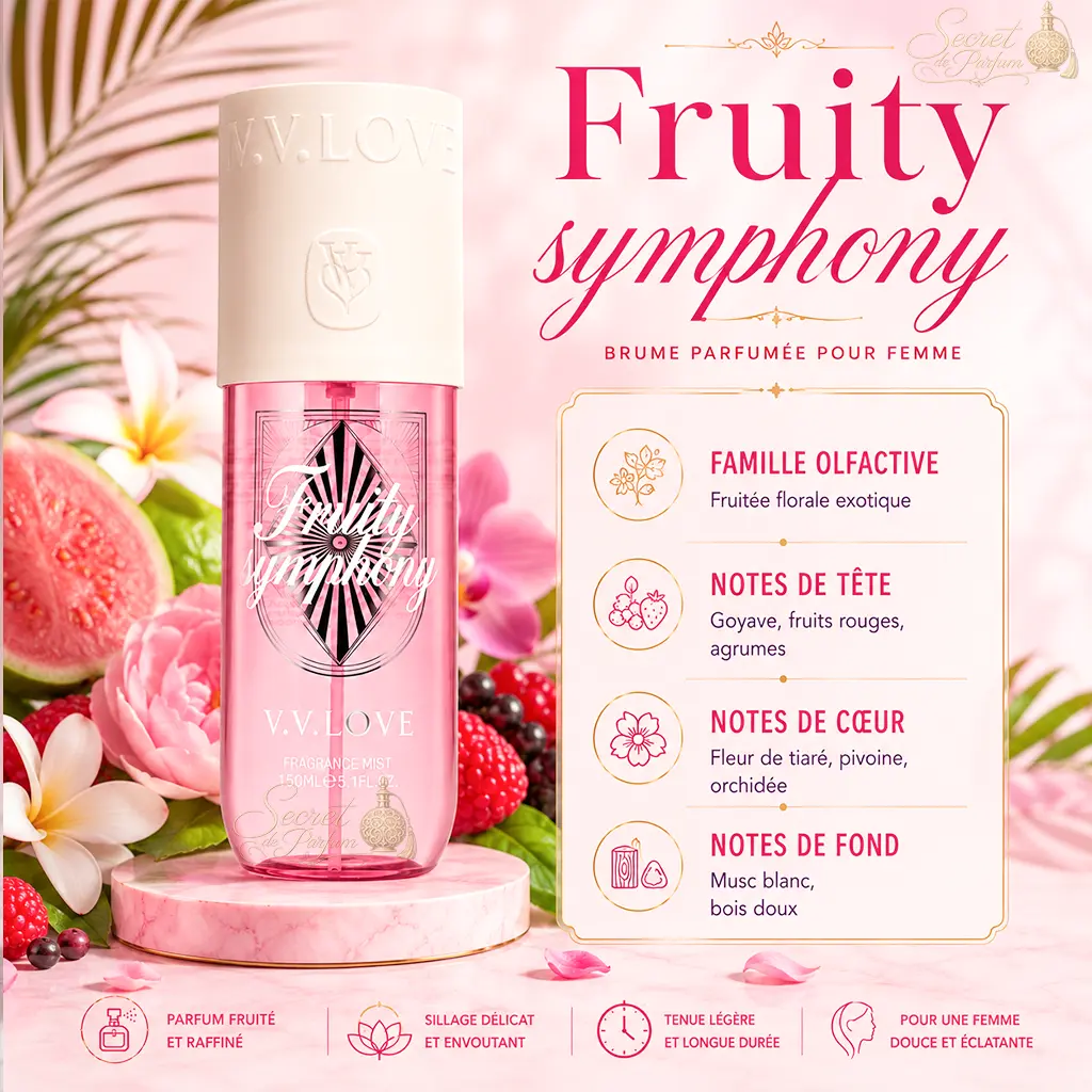 Fruity Symphony – Brume Parfumée Fruitée Fraîche 150ml 3 Pyramide olfactive de la brume Fruity Symphony V.V. Love avec goyave, fruits rouges, agrumes, fleur de tiaré, pivoine, orchidée, musc blanc et bois doux