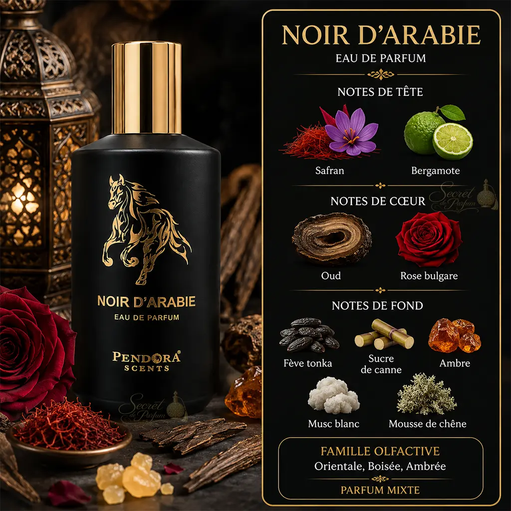 Noir d’Arabie Pendora Scents – Eau de Parfum Mixte 100 ml 2 Pyramide olfactive Noir d’Arabie avec safran, bergamote, oud, rose bulgare, tonka et ambre