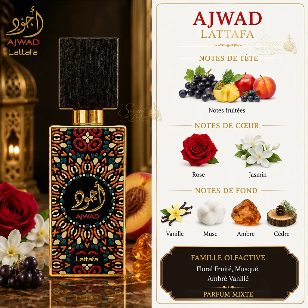Ajwad – Eau de Parfum Lattafa | Parfum Oriental Fruité & Musqué 2 Notes olfactives Ajwad Lattafa : notes fruitées, rose, jasmin, vanille, musc, ambre et cèdre