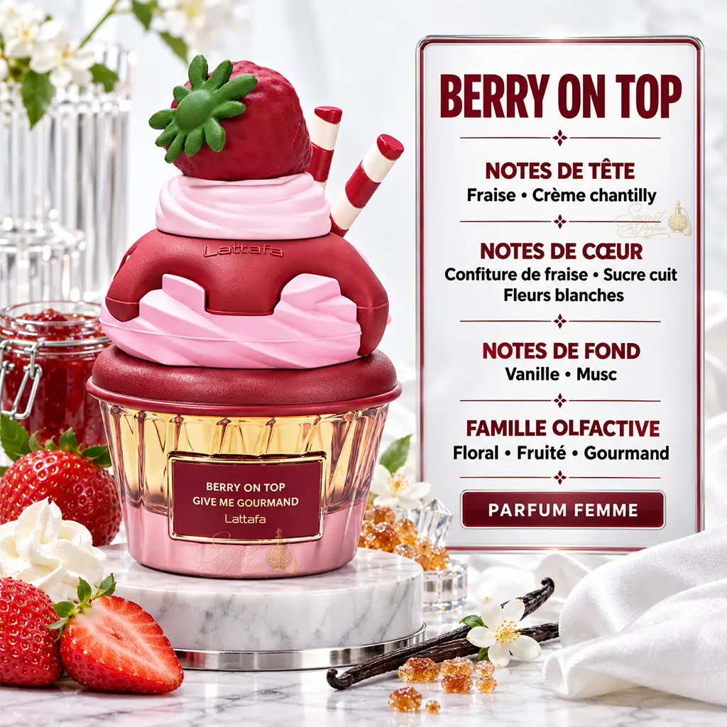 Berry On Top Lattafa – Give Me Gourmand Eau de Parfum 75 ml 2 Notes Berry On Top Lattafa fraise crème chantilly vanille et musc