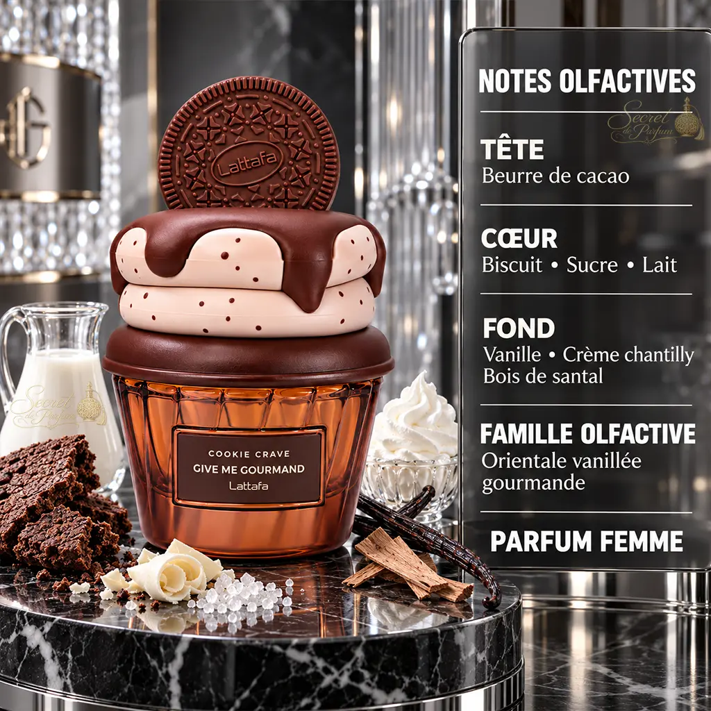 Cookie Crave – Give Me Gourmand Lattafa | Parfum Gourmand Vanillé & Chocolaté 2 Notes Cookie Crave Lattafa beurre de cacao biscuit lait vanille et crème chantilly