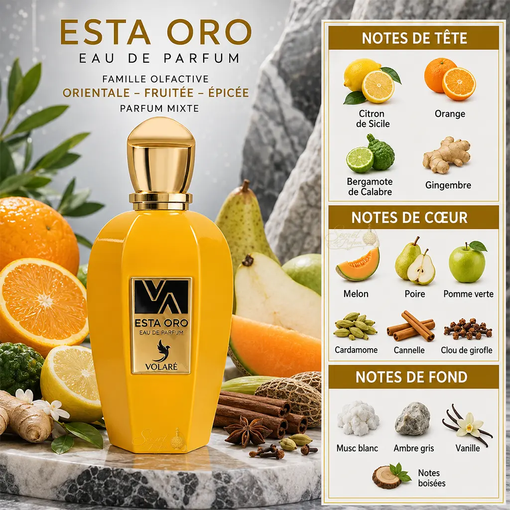 Esta Oro Volaré – Eau de Parfum Mixte 100 ml 2 Notes Esta Oro Volaré citron orange bergamote gingembre fruits épices vanille et musc