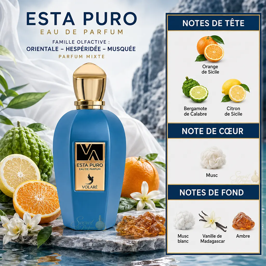 Esta Puro Volaré – Eau de Parfum Mixte 100 ml 2 Notes Esta Puro Volaré orange citron bergamote musc vanille de Madagascar et ambre