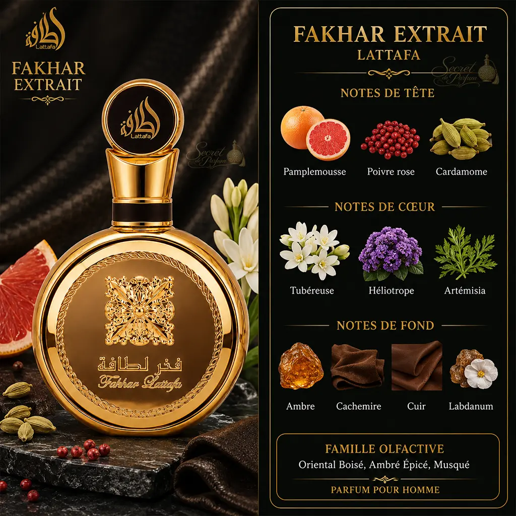 Fakhar Extrait – Parfum Homme Oriental Ambré & Boisé 2 Notes Fakhar Extrait Lattafa : pamplemousse, poivre rose, cardamome, tubéreuse, héliotrope, cuir et ambre