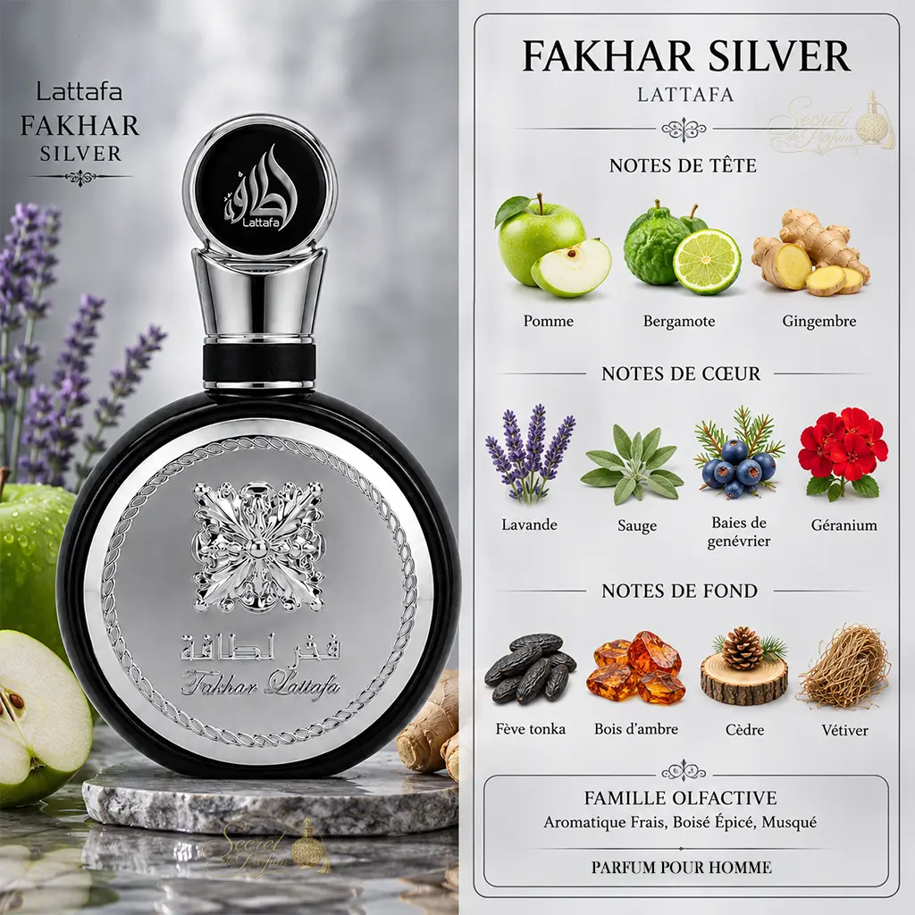 Fakhar Silver Lattafa – Parfum Homme Aromatique Boisé 2 Notes Fakhar Silver Lattafa : pomme, bergamote, gingembre, lavande, sauge, tonka et vétiver