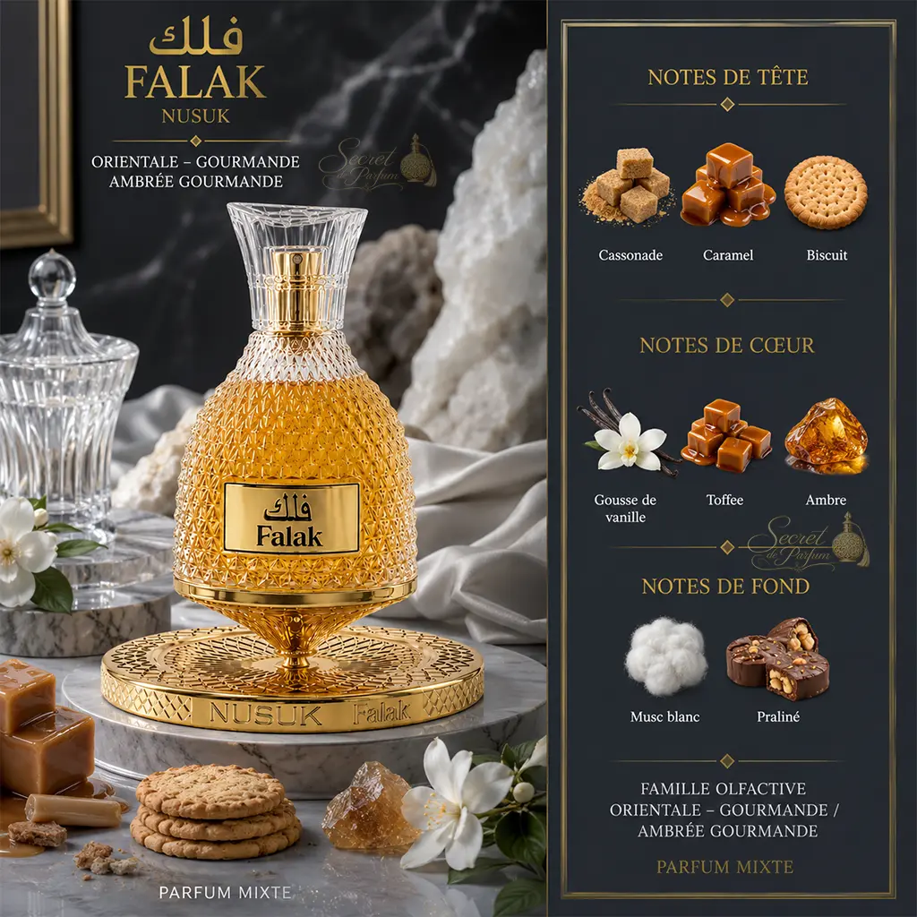 Falak Nusuk – Eau de Parfum Mixte Gourmande 100 ml 2 Notes Falak Nusuk caramel biscuit vanille toffee ambre praliné et musc blanc