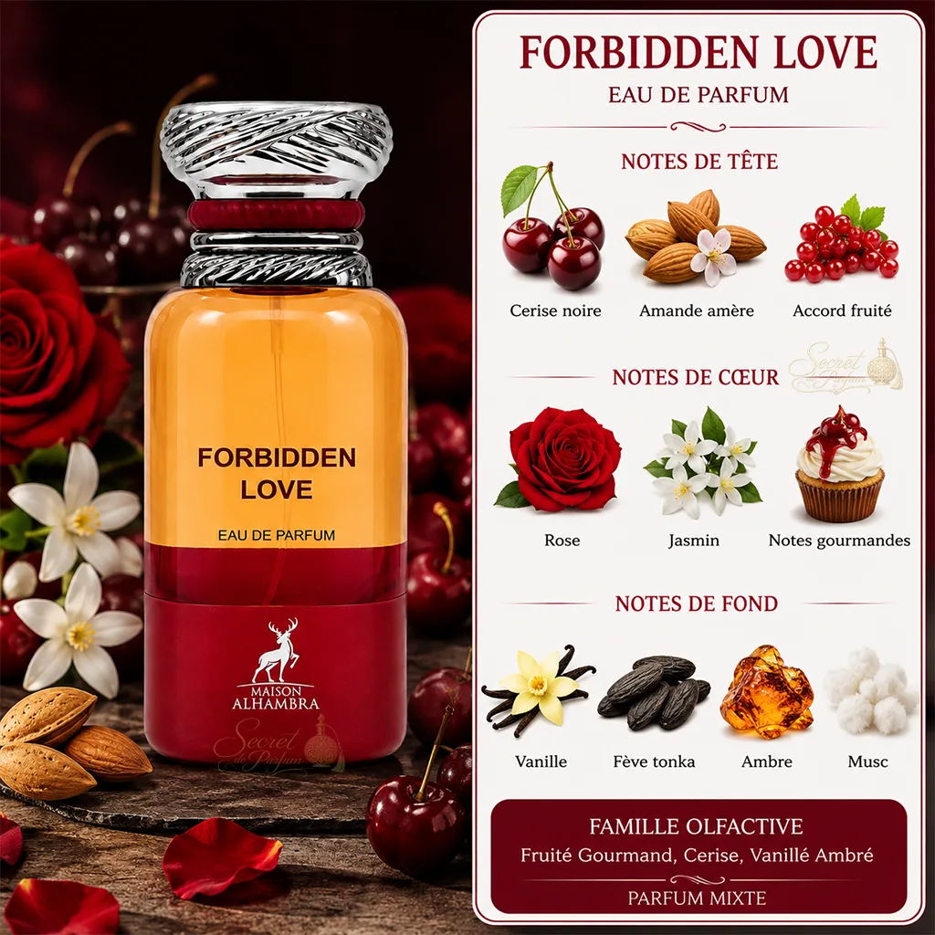 Forbidden Love Maison Alhambra – Eau de Parfum Mixte Gourmande 2 Notes Forbidden Love : cerise noire, amande, rose, jasmin, vanille, tonka, ambre et musc