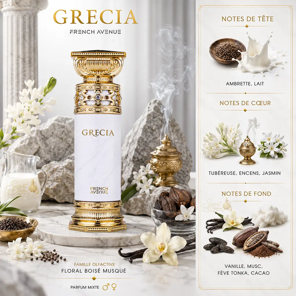 Grecia French Avenue – Parfum Inspiré Mixte Floral Boisé Musqué 2 Notes Grecia French Avenue lait tubéreuse jasmin vanille cacao fève tonka et musc