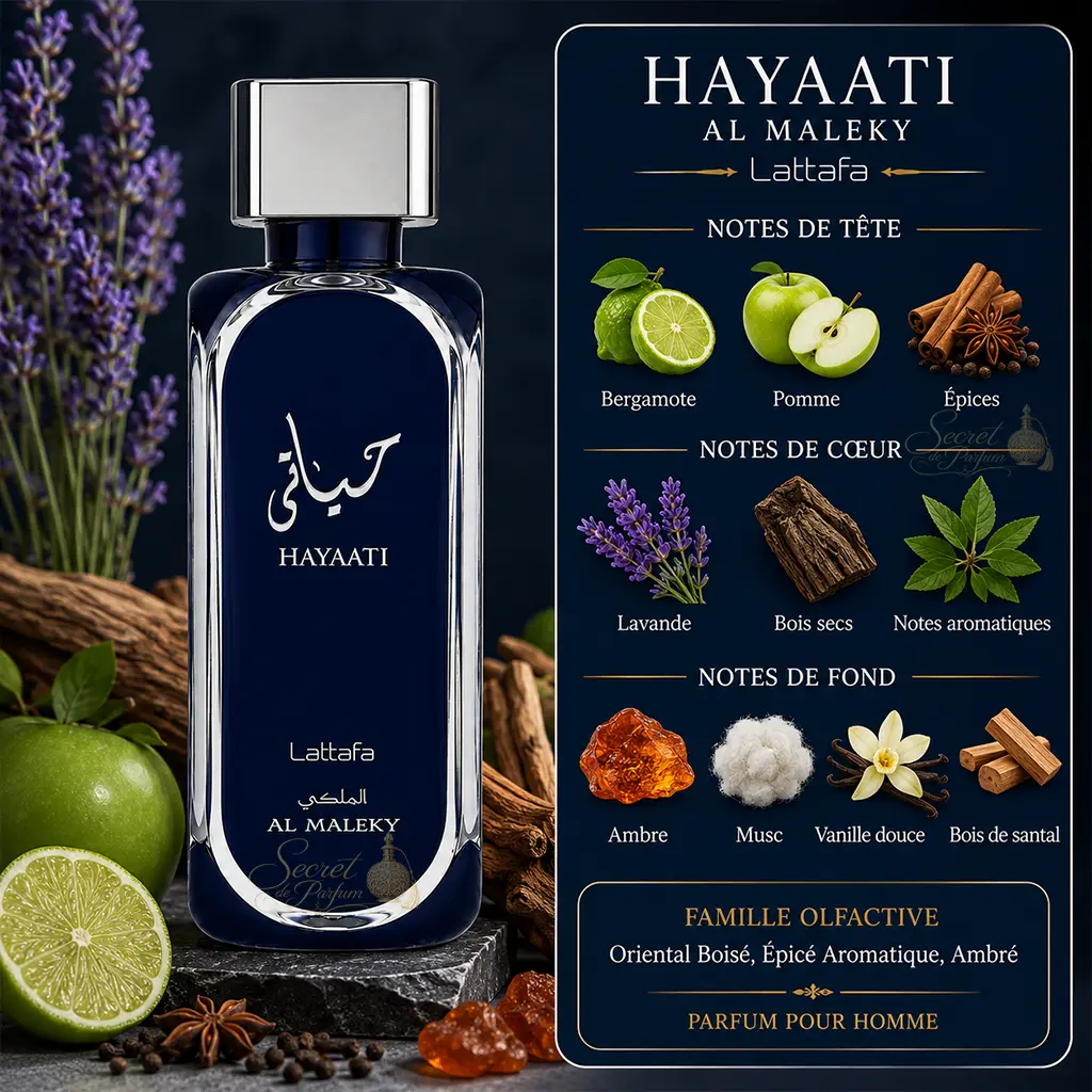 Hayaati Al Maleky Lattafa – Eau de Parfum Homme 100 ml 2 Notes olfactives Hayaati Al Maleky Lattafa : bergamote, pomme, épices, lavande, ambre, vanille et bois de santal