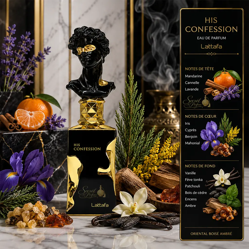 His Confession Lattafa – Eau de Parfum Homme Oriental Boisé Ambré 100 ml 2 Notes His Confession Lattafa mandarine cannelle iris vanille tonka ambre