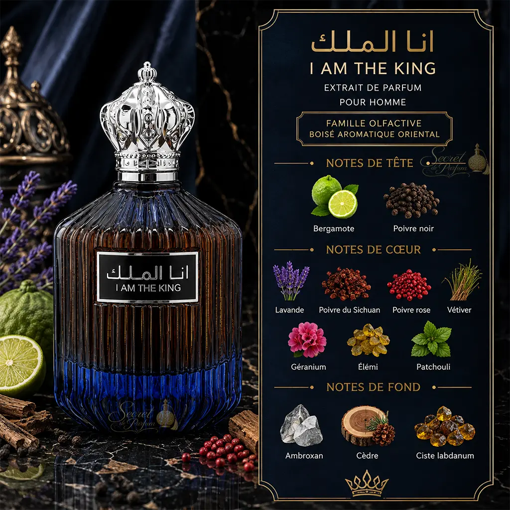 I Am The King Ana Al Malik – Eau de Parfum Homme 100 ml 2 Notes I Am The King bergamote lavande poivres vétiver ambroxan et cèdre