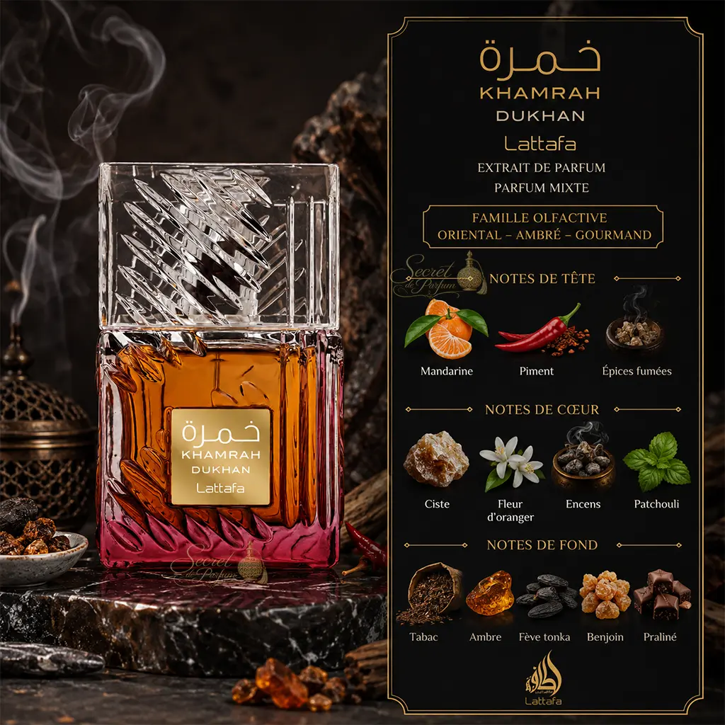 Khamrah Dukhan Lattafa – Extrait de Parfum Mixte 100 ml 2 Notes Khamrah Dukhan Lattafa mandarine épices fumées tabac tonka et praliné
