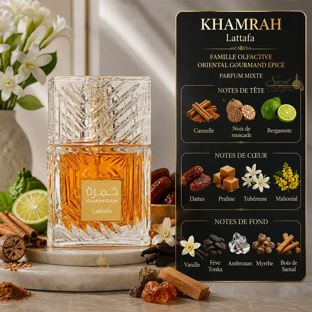 Khamrah Lattafa – Eau de Parfum Mixte 100 ml 2 Khamrah Lattafa parfum gourmand aux dattes praliné vanille cannelle et fève tonka