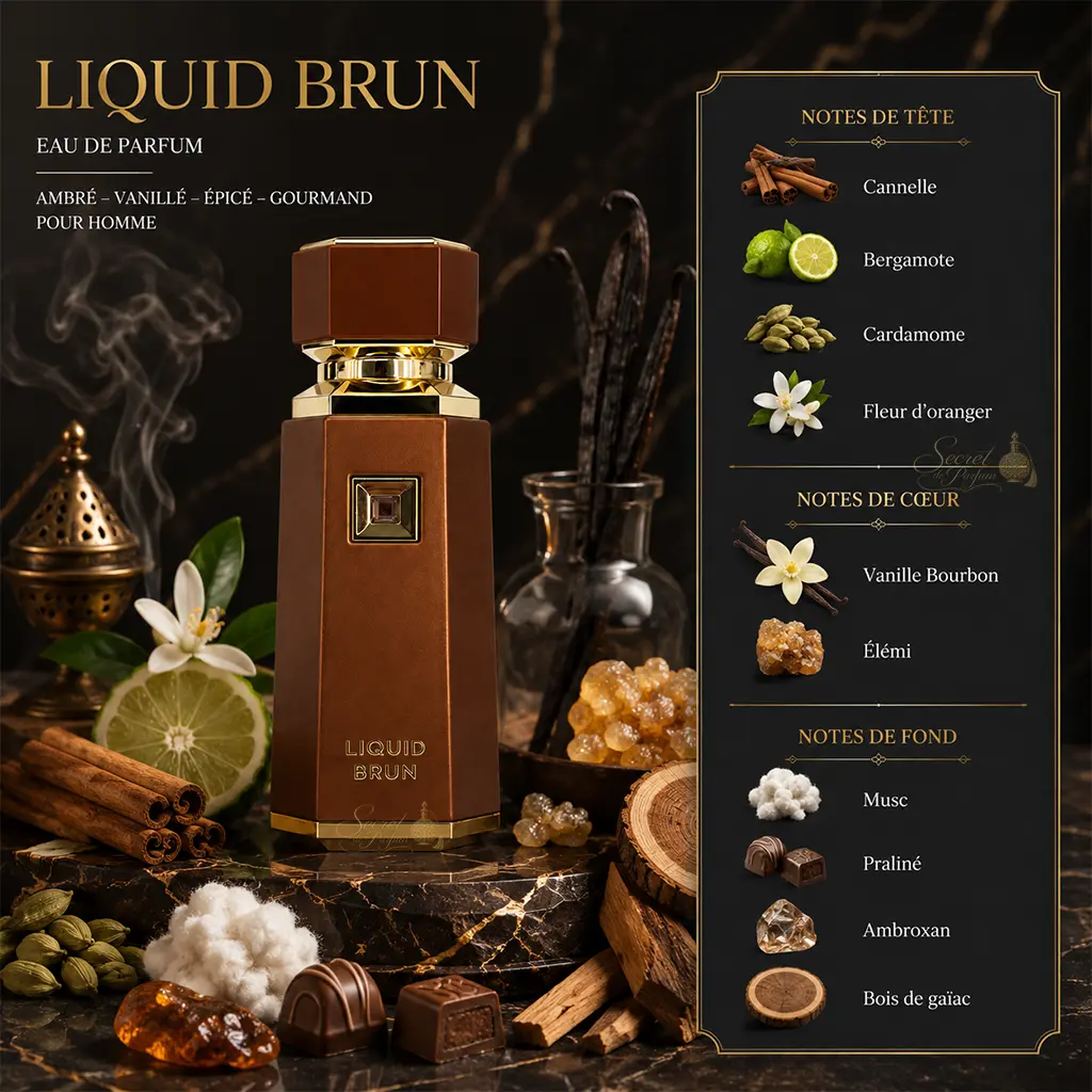 Liquid Brun French Avenue – Eau de Parfum Homme Vanillé Épicé 2 Notes Liquid Brun cannelle bergamote cardamome vanille Bourbon praliné