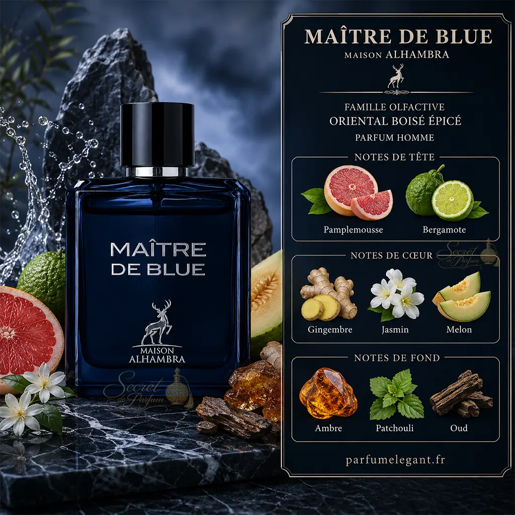 Maître de Blue Maison Alhambra – Eau de Parfum Homme 100 ml 2 Notes Maître de Blue pamplemousse bergamote gingembre jasmin ambre patchouli et oud