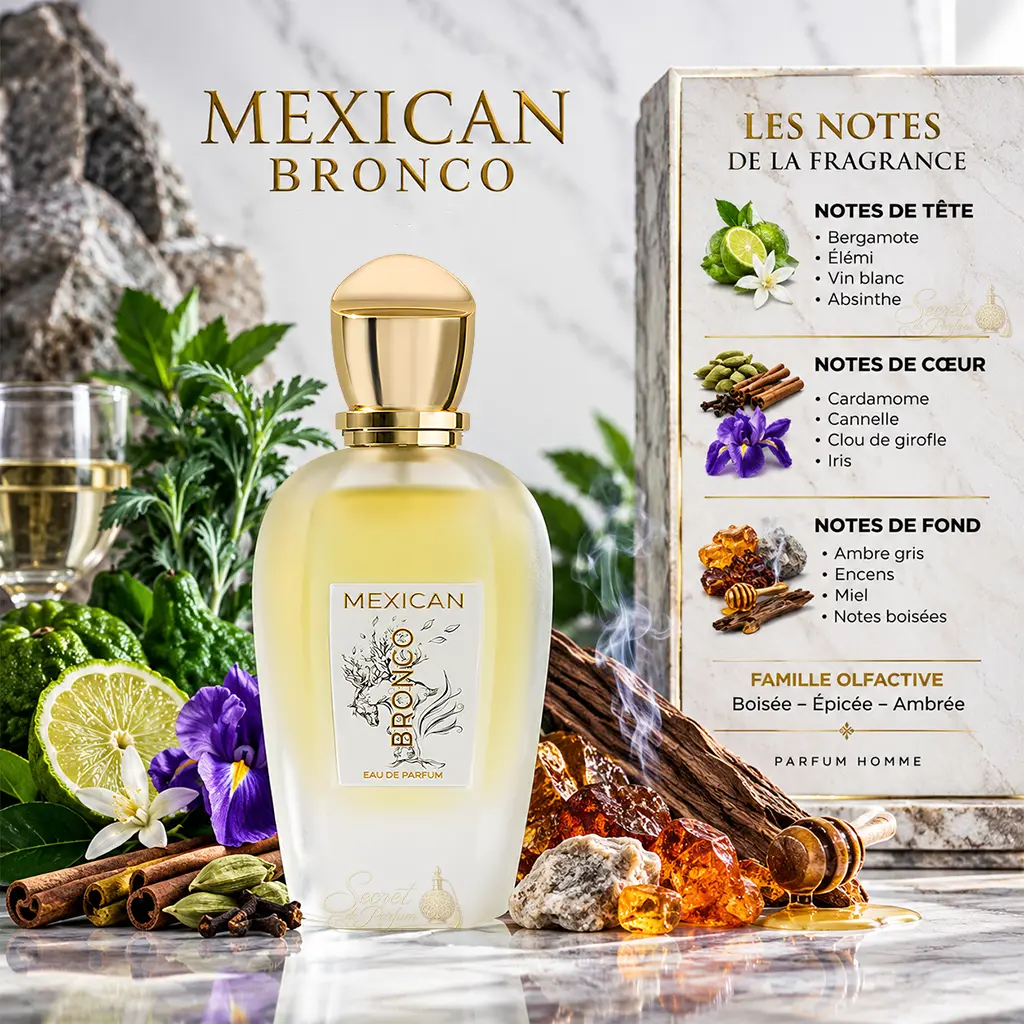 Mexican Bronco Volaré – Eau de Parfum Homme Boisé Épicé Ambré 2 Notes Mexican Bronco Volaré bergamote cardamome cannelle encens et miel