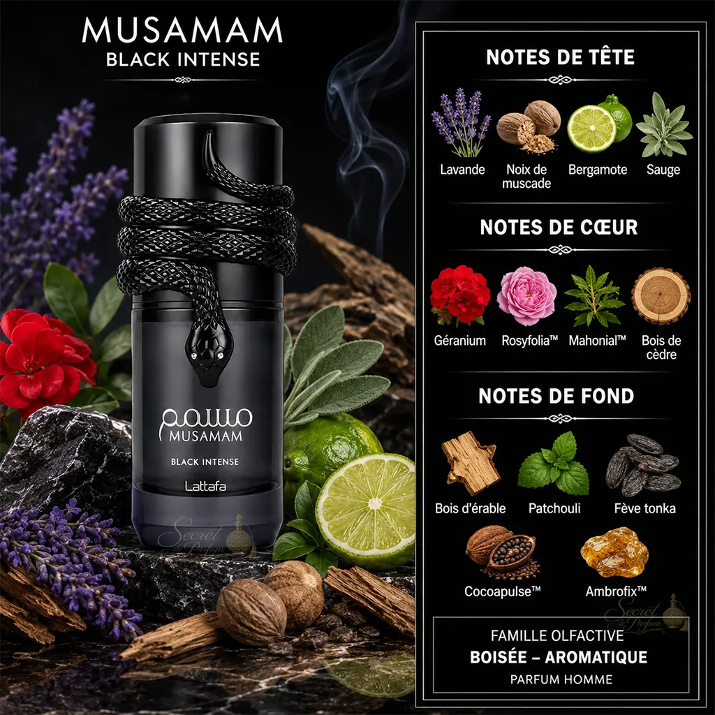 Musamam Black Intense Lattafa – Parfum Homme Boisé Aromatique 2 Notes Musamam Black Intense lavande bergamote cèdre patchouli et fève tonka
