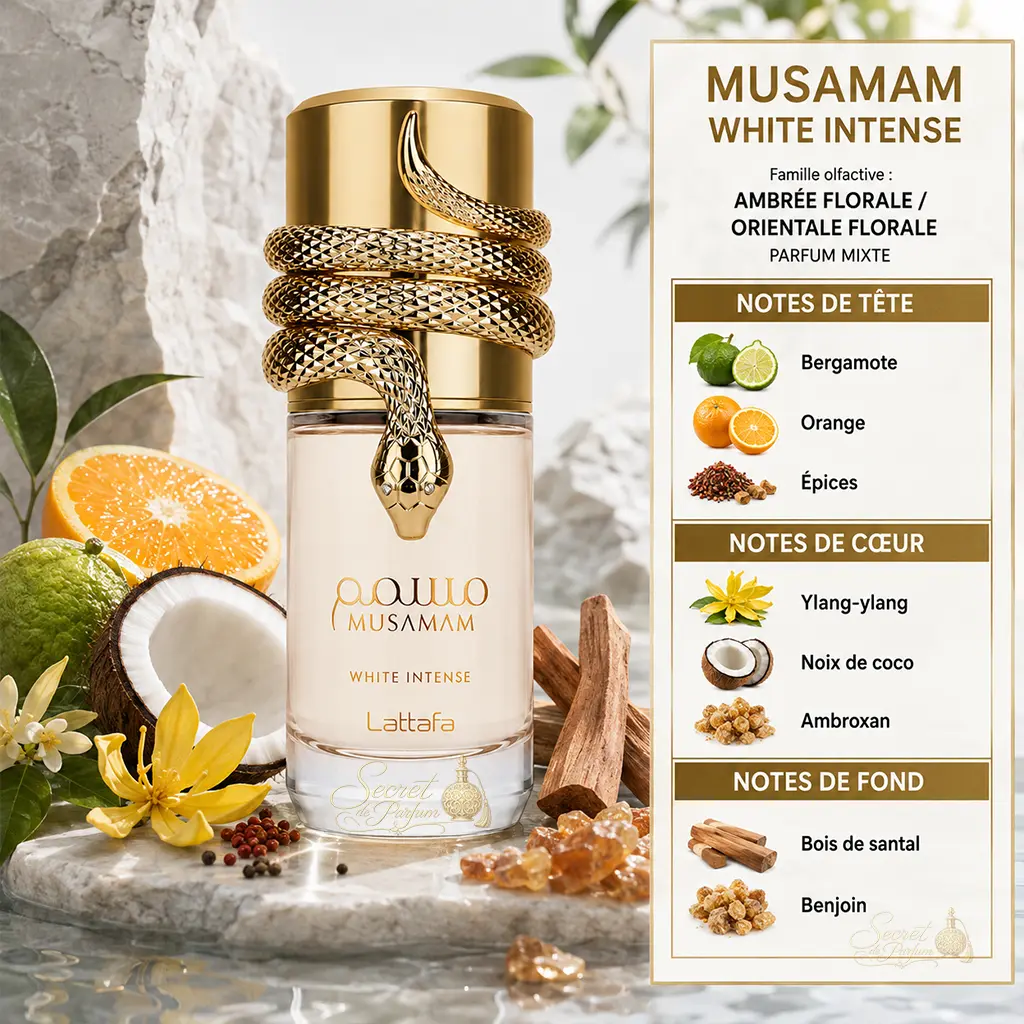 Musamam White Intense Lattafa – Parfum Mixte Ambré Floral 2 Notes Musamam White Intense bergamote noix de coco ylang-ylang santal et benjoin