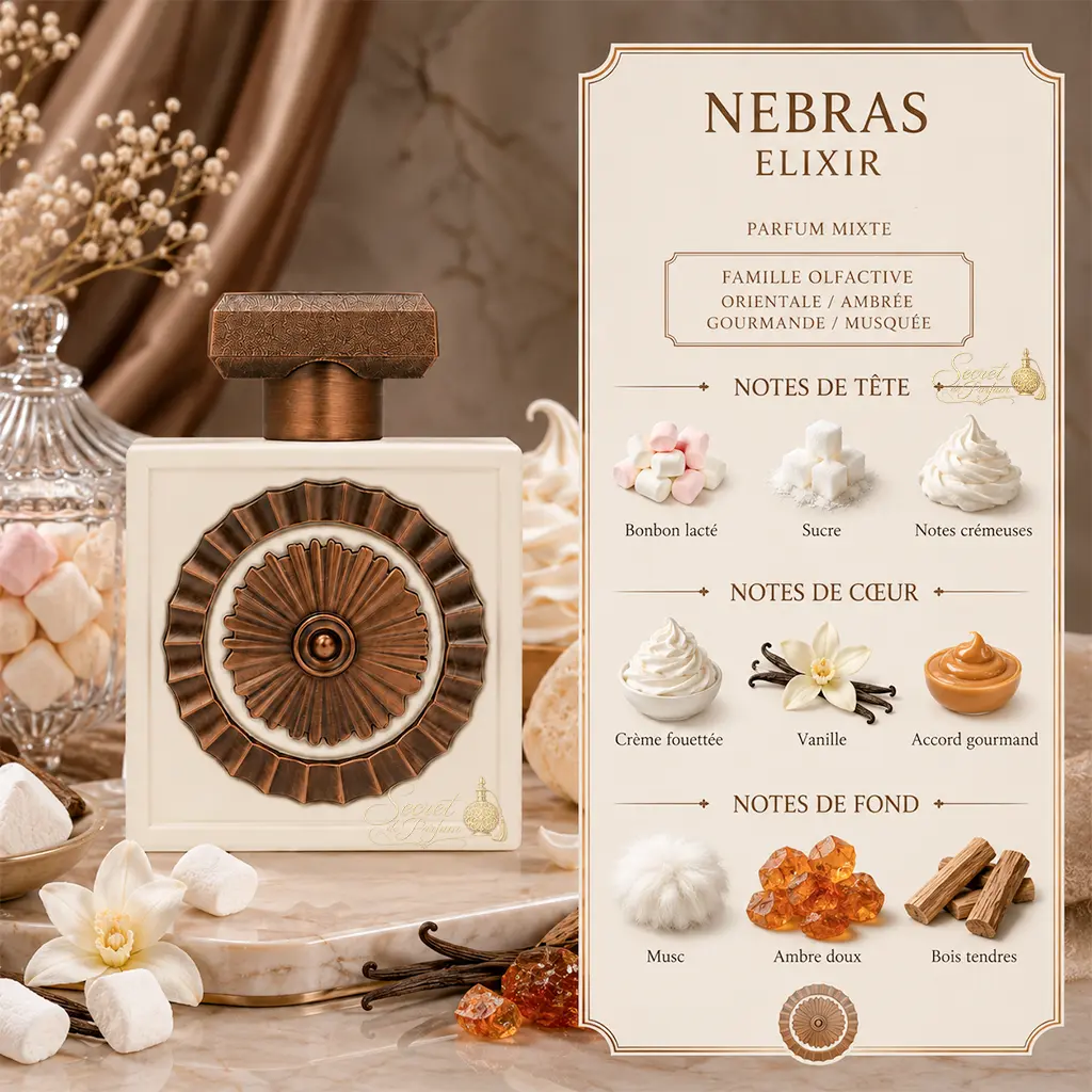 Nebras Elixir Lattafa Pride – Eau de Parfum Mixte 100 ml 2 Notes Nebras Elixir bonbon lacté crème fouettée vanille musc ambre et bois