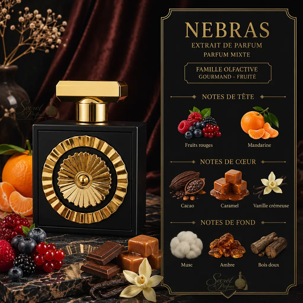 Nebras Lattafa Pride – Eau de Parfum Mixte 100 ml 2 Notes Nebras Lattafa fruits rouges mandarine cacao caramel vanille musc et ambre